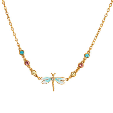 J&D Jewelry 18K Gold Plated Stainless Steel Blue Enamel Dragonfly Necklace with Yellow Pink Blue Rhinestone for Women