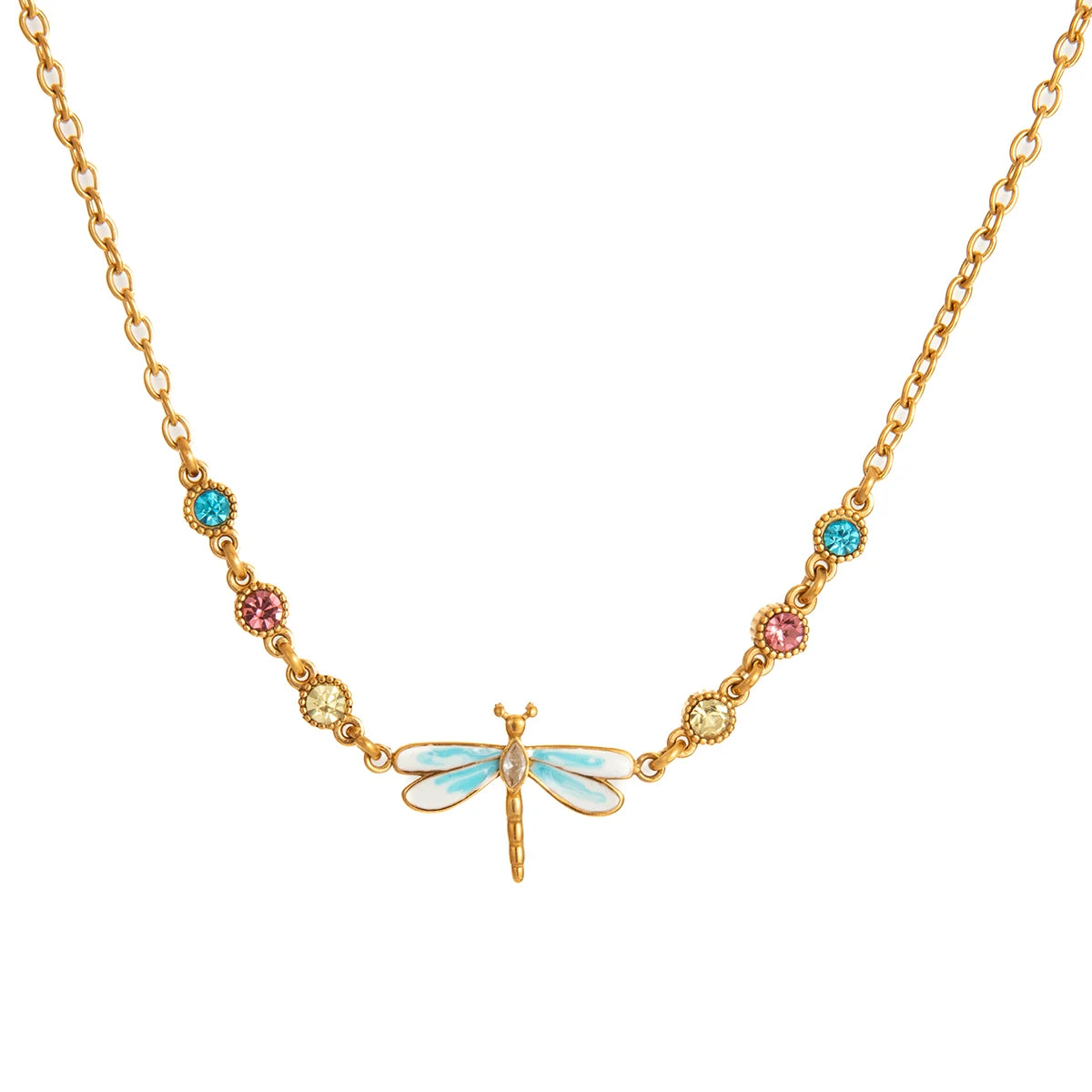 J&D Jewelry 18K Gold Plated Stainless Steel Blue Enamel Dragonfly Necklace with Yellow Pink Blue Rhinestone for Women