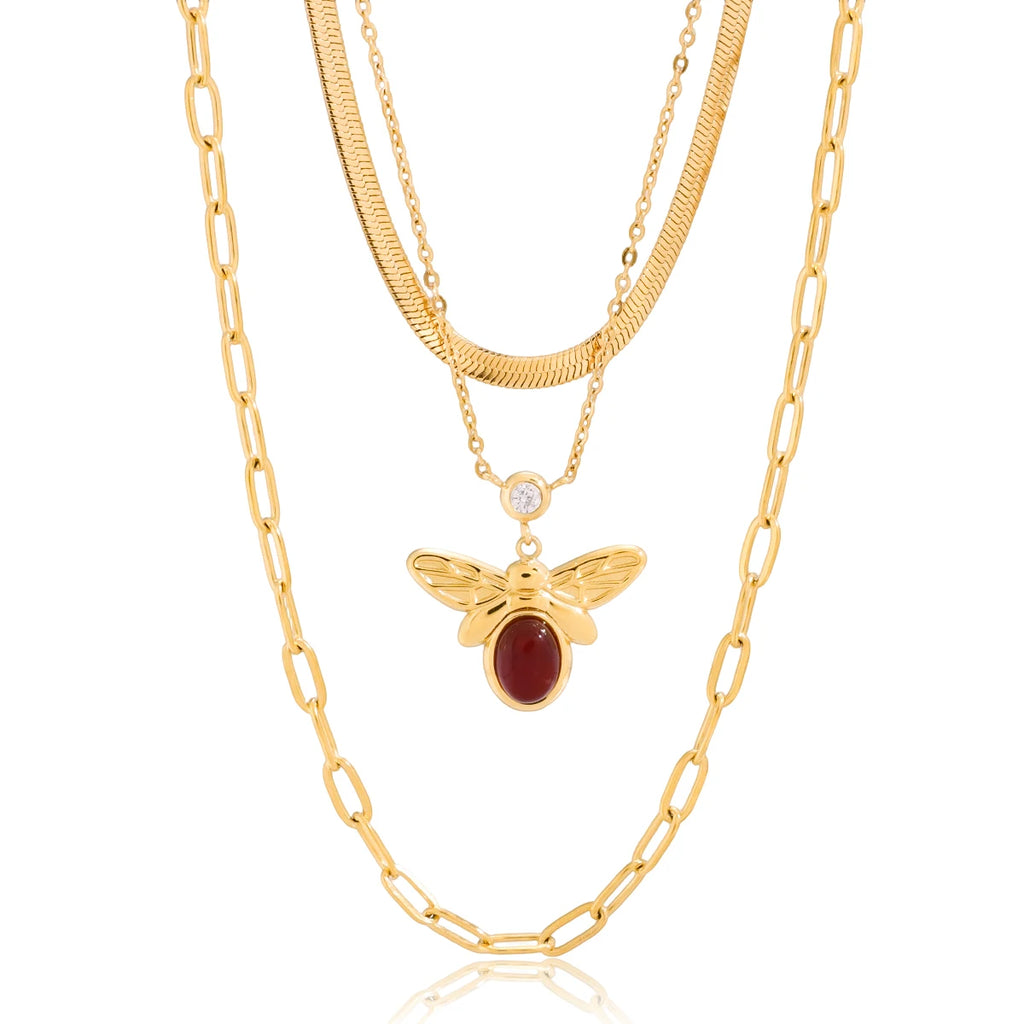 Red Agate Bee White Zircon Three-Layer Necklace