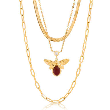 Red Agate Bee White Zircon Three-Layer Necklace