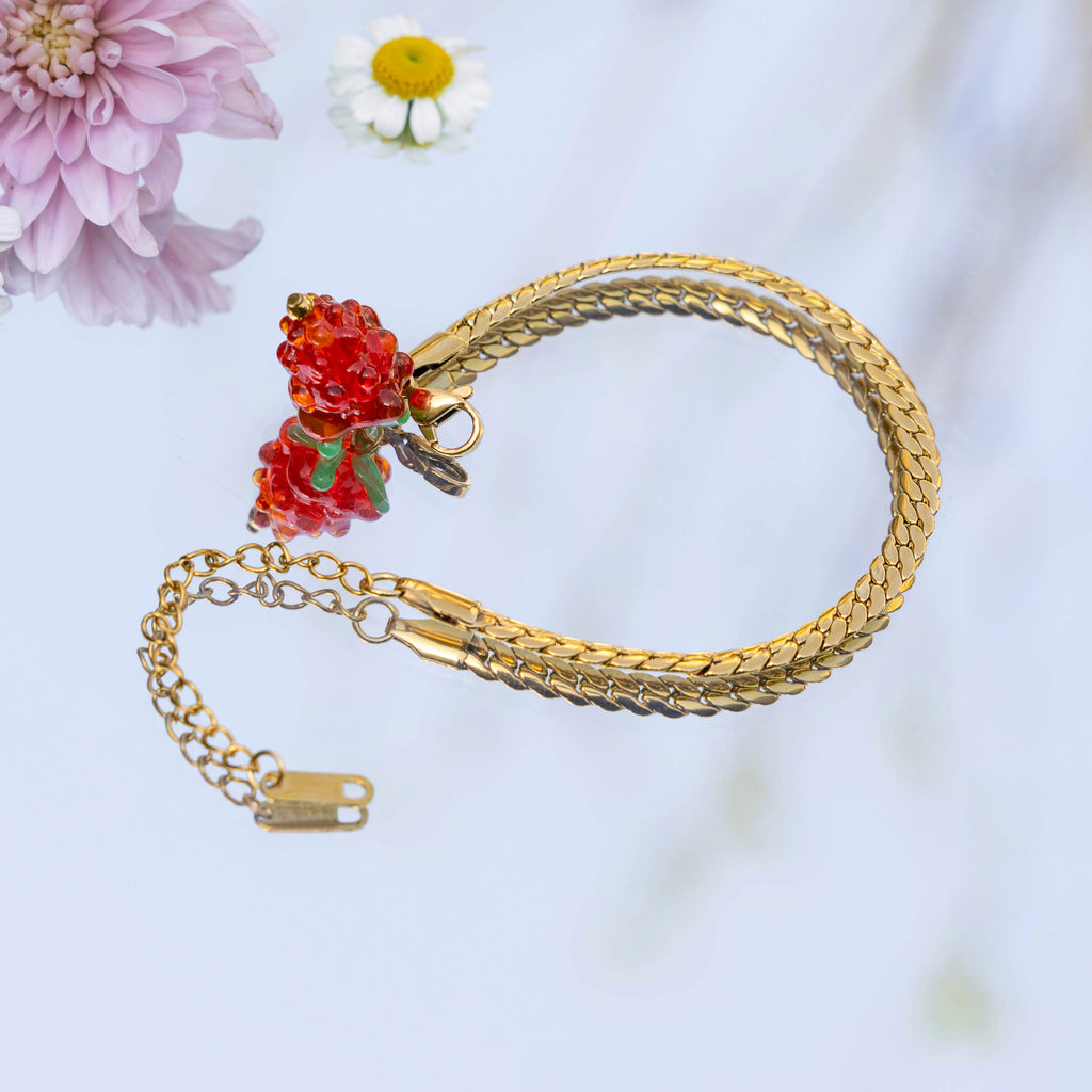 J&D Women's Bracelet Sweet and Cool Style 18K Gold Stainless Steel Encrypted Flat Chain With Red Glass Grape Bracelet
