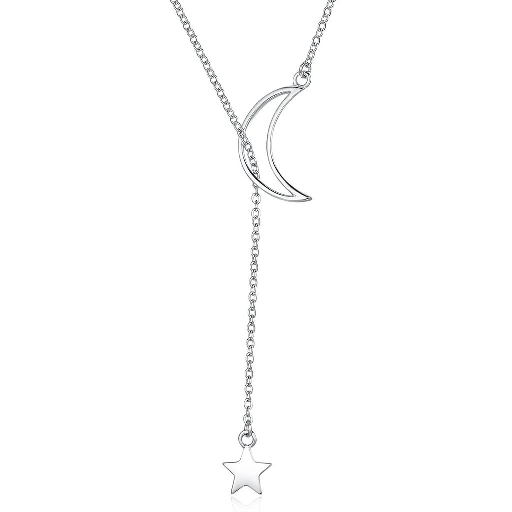 925 Sterling Silver Moon and Star Tales Chain Link Pendant Necklace Fine Jewelry with Zircon for Women for Wedding Gift SCN108