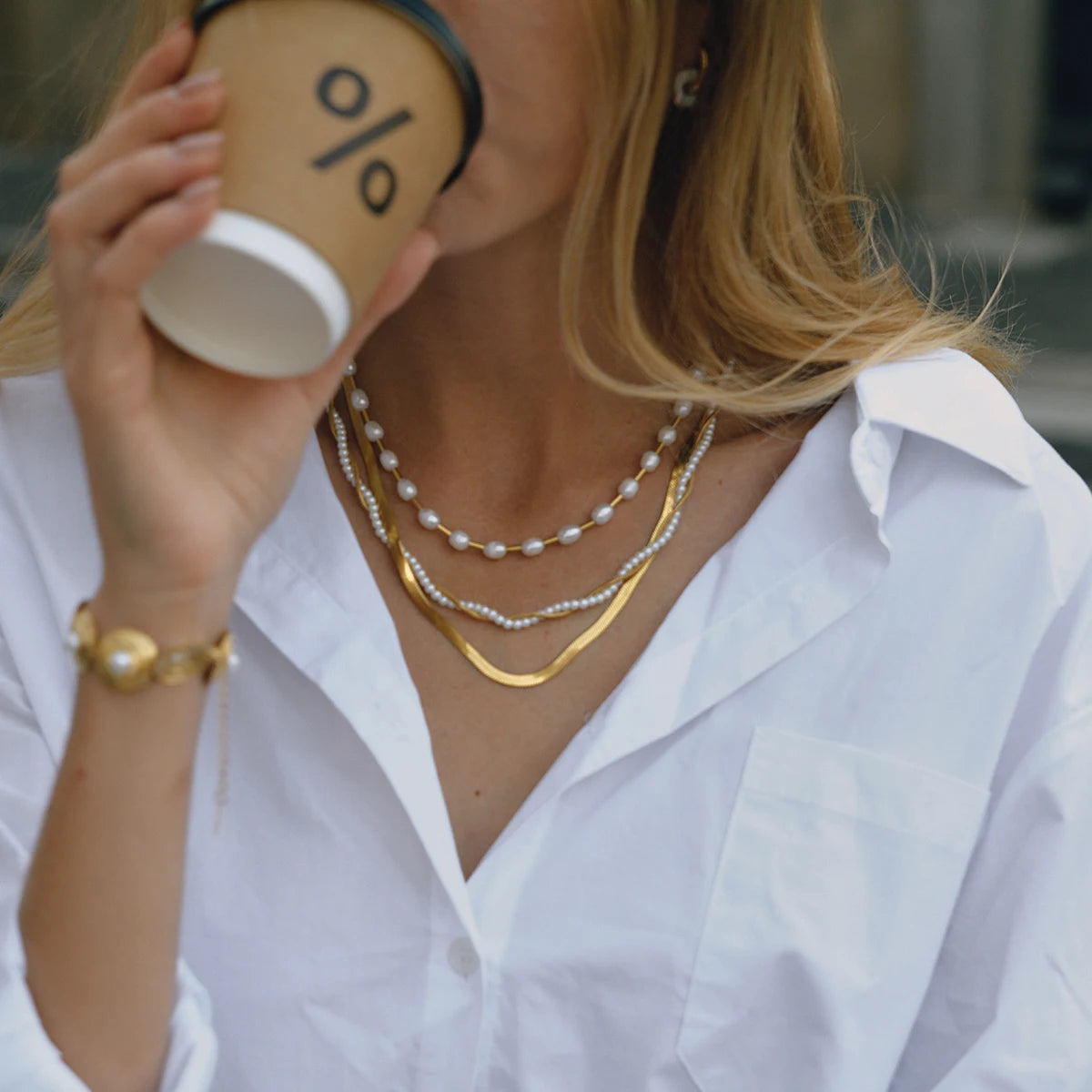Snakebone Pearl Beads Layer Chain Necklace