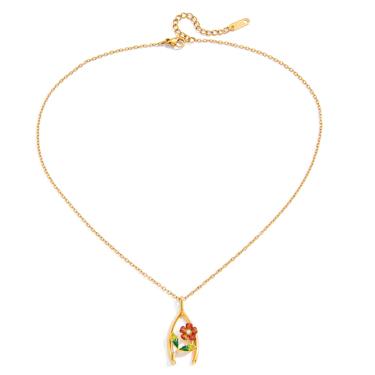 Flower Lucky Bone Wishbone Pendant Necklace