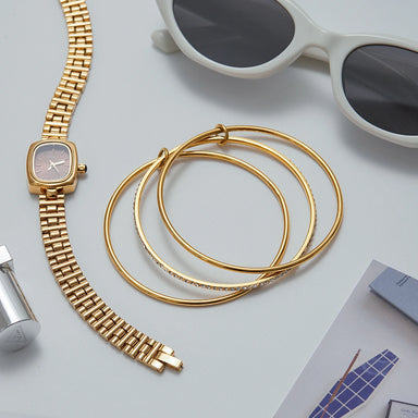 J&D Minimalist Multi Layers Bangle 18K Gold Plated Stainless Steel Trendy Classic Line 3 Layers 65mm Rhinestone Bangle