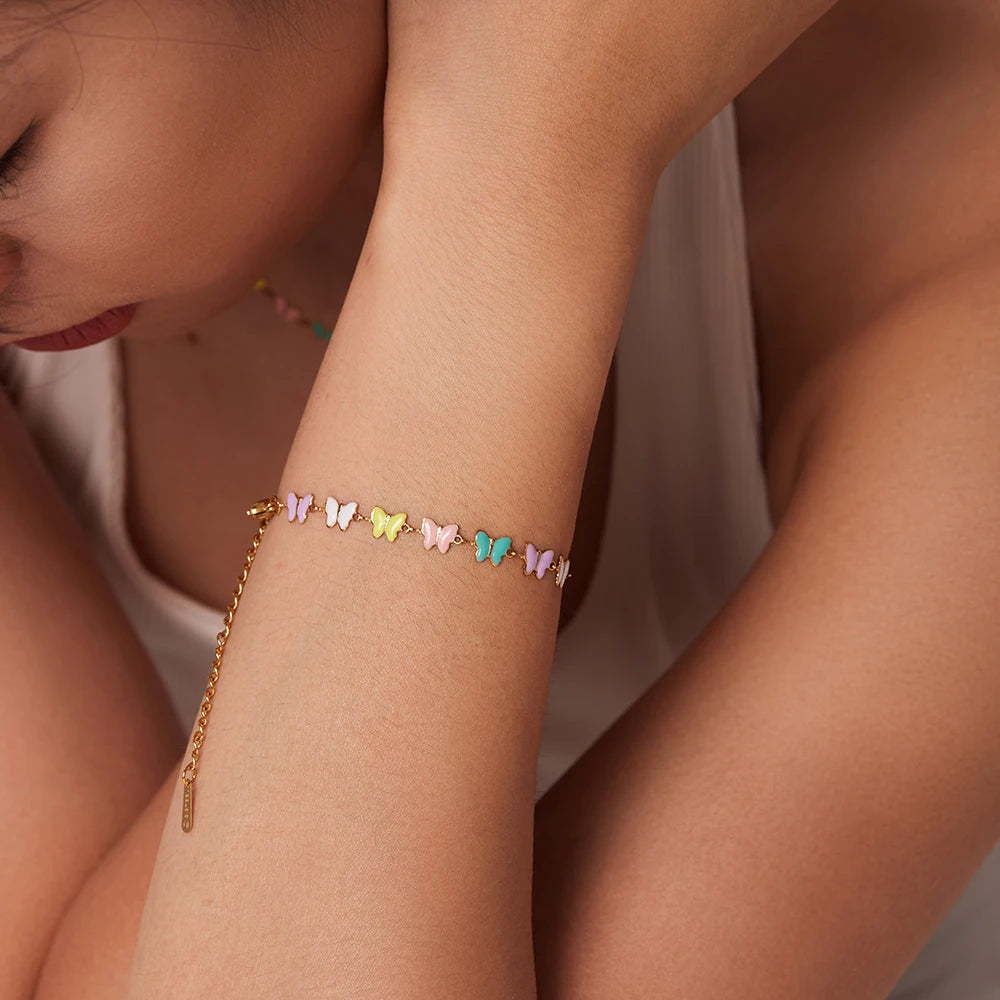 Charm 18k Gold Stainless Steel Dripping Oil Jewelry Gift Colorful Enamel Butterfly Chain Bracelet