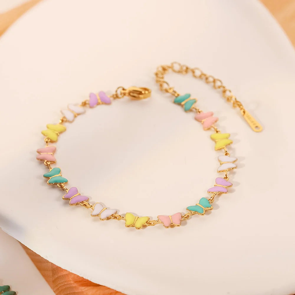 Charm 18k Gold Stainless Steel Dripping Oil Jewelry Gift Colorful Enamel Butterfly Chain Bracelet