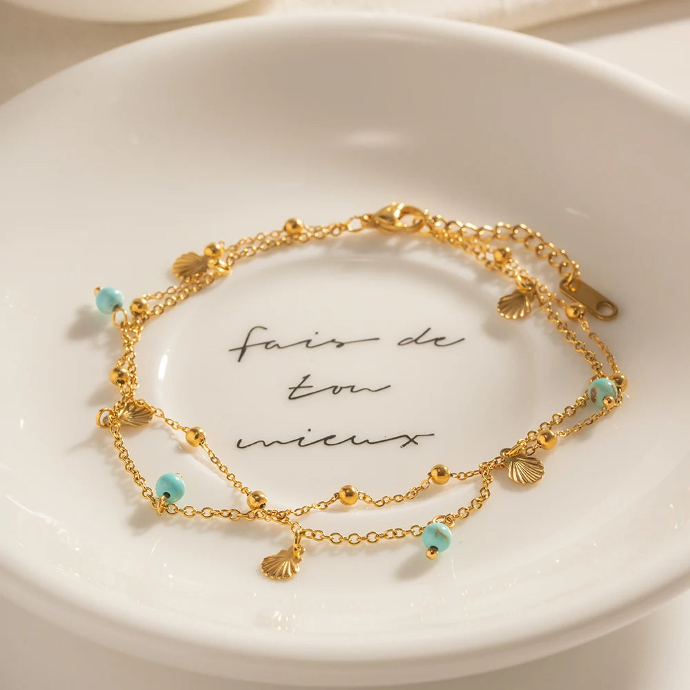 New Arrival Stainless Steel Anklet Beach Jewelry Gift Stainless Steel Turquoise Stone Pendant Seashell Charm Anklet