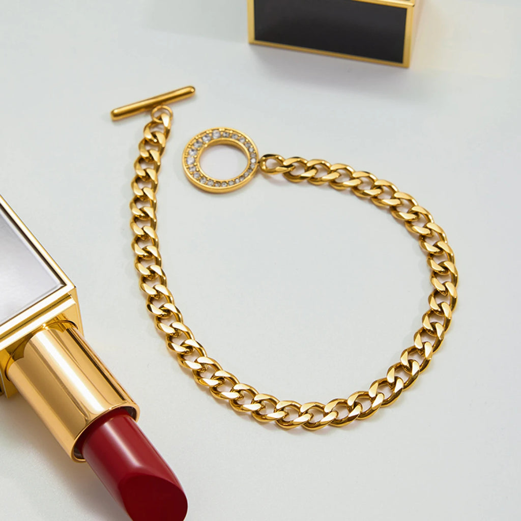 J&D Classic 18K Gold Plated Stainless Steel Zircon OT Buckle Chain Bracelet Decoration Fashion Jewelry