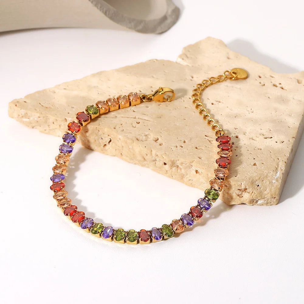 Mix Color Round Shape Zirconia Circling Setting 18K Gold Plated Stainless Steel Crystal Bracelets