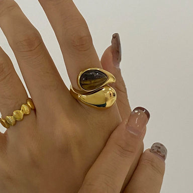 J&D Elegant Style Tiger Eye Stone Drop Ring 18K Gold Stainless Steel Waterdrop Inlaid Fashionable Open Ring Jewelry