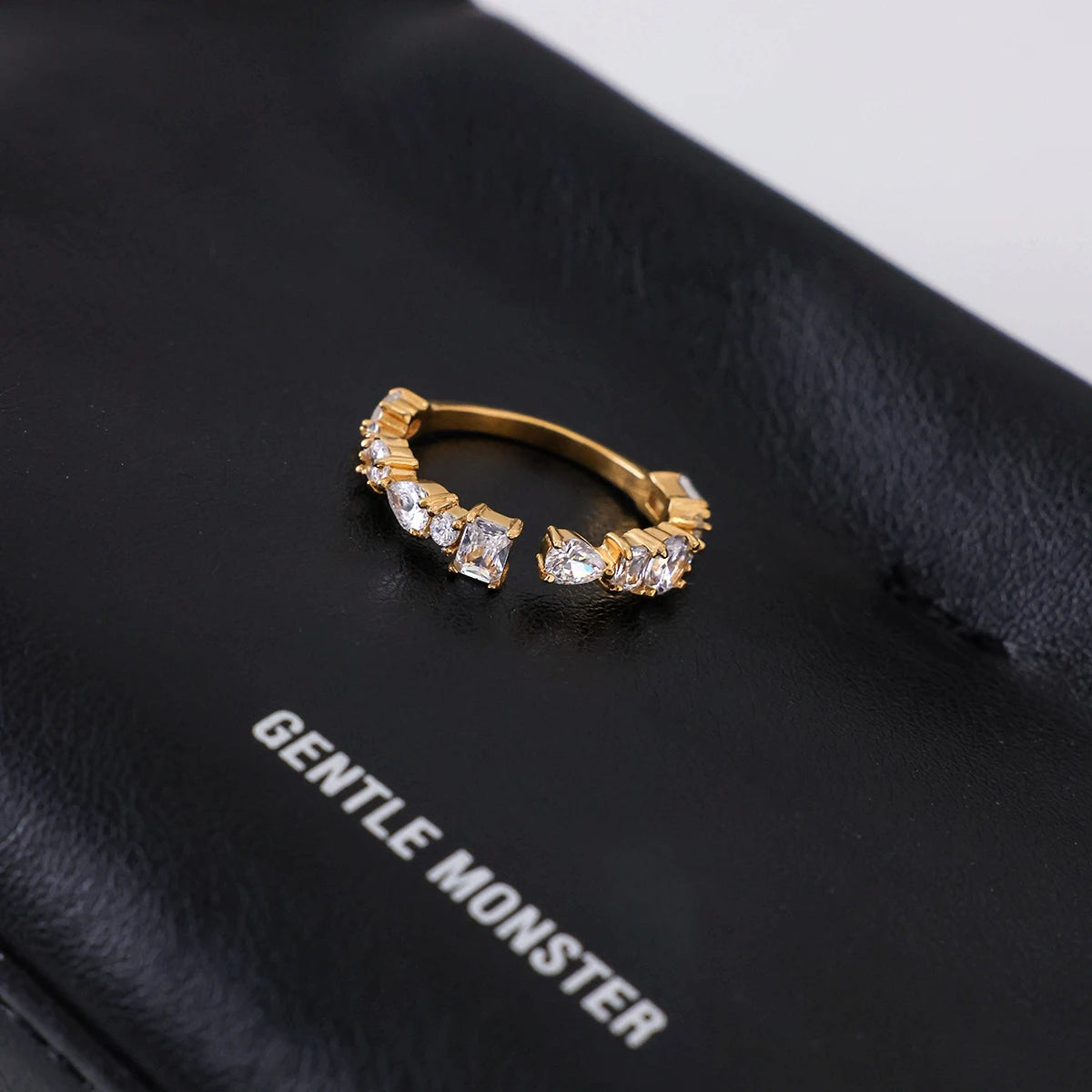 J&D 18K Gold Plated Stainless Steel Adjustable Irregular Zircon Opening Ring Personality Jewelry