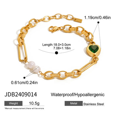 J&D Dainty 18k Gold Stainless Steel Pearl and Water Drill Freshwater Pearl Green Heart Bracelets