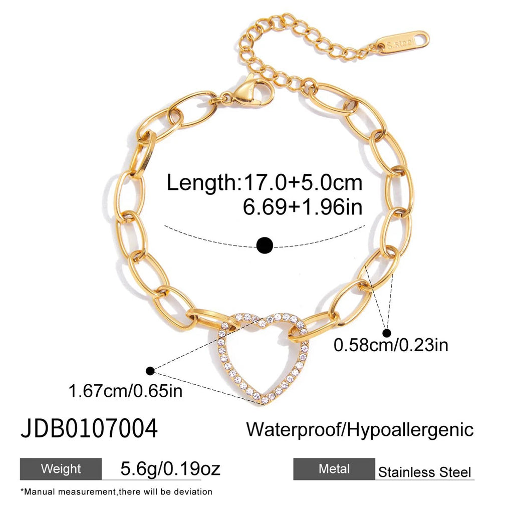 J&D Classic 18K Gold Plated Stainless Steel Bracelet Heart Rhinestone Link Chain Bracelet Jewelry