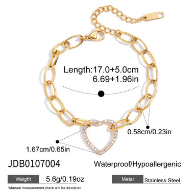 J&D Classic 18K Gold Plated Stainless Steel Bracelet Heart Rhinestone Link Chain Bracelet Jewelry