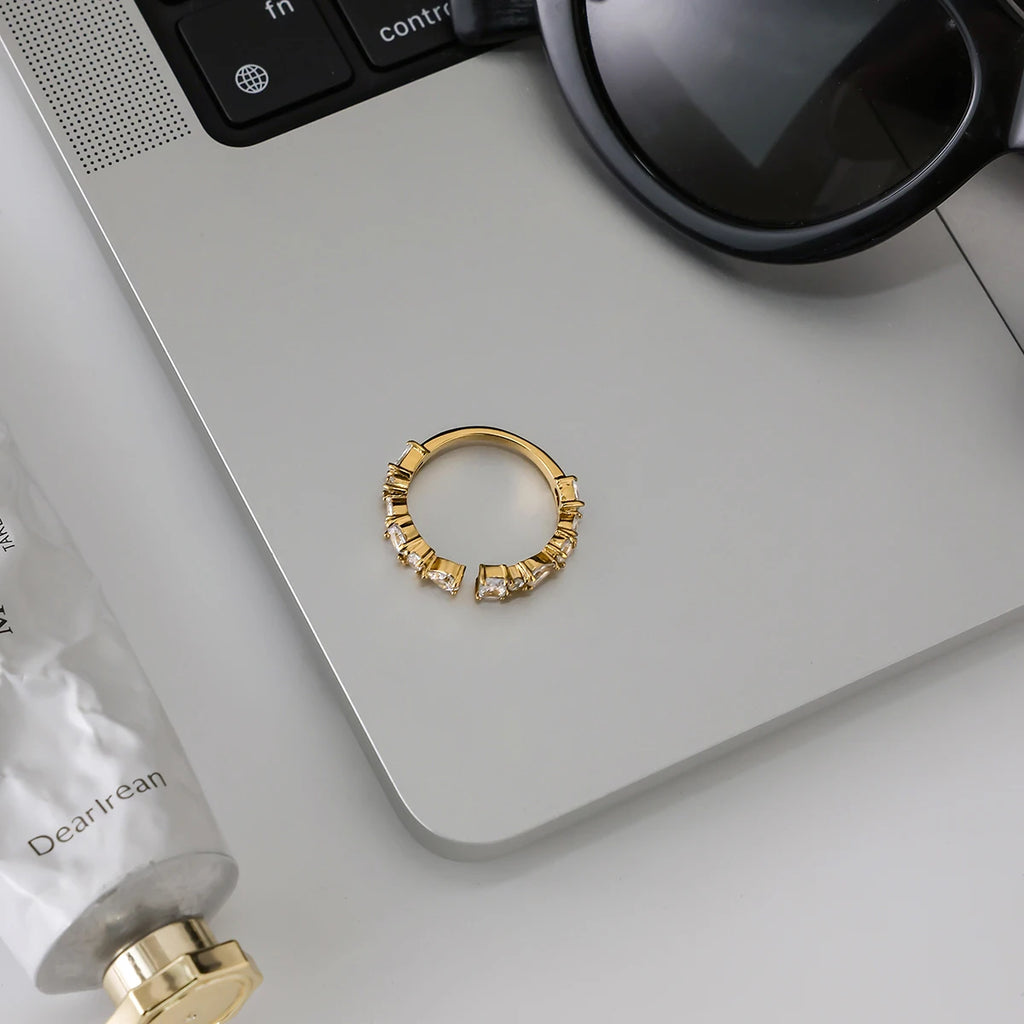 J&D 18K Gold Plated Stainless Steel Adjustable Irregular Zircon Opening Ring Personality Jewelry