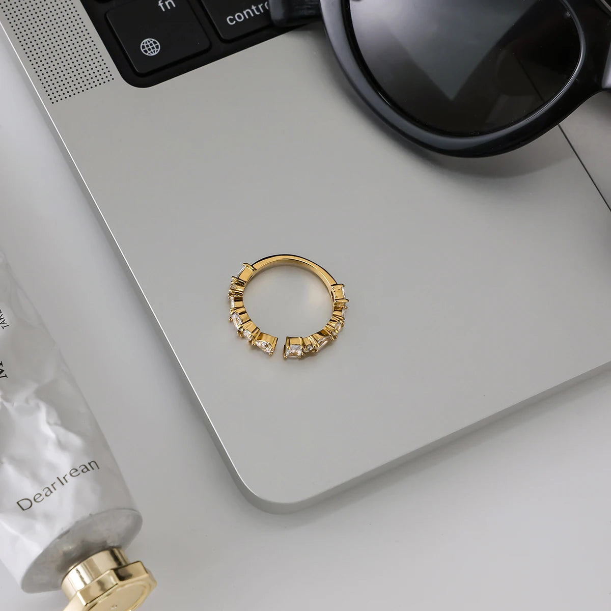 J&D 18K Gold Plated Stainless Steel Adjustable Irregular Zircon Opening Ring Personality Jewelry