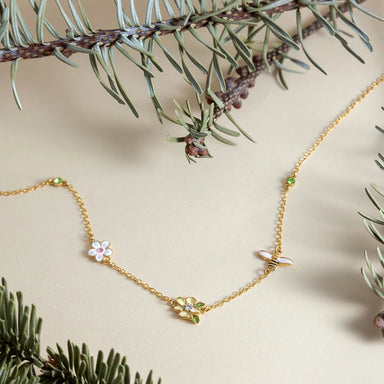J&D Jewelry 18K Gold Plated Stainless Steel Enamel Bee Flower Choker Necklace with Green Rhinestone for Women