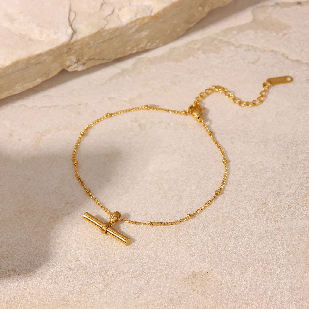 J&D Alluring Stainless Steel Women Jewelry Anklet 18K Gold Plated T-bar Pendant Ball Bead Chain Anklet