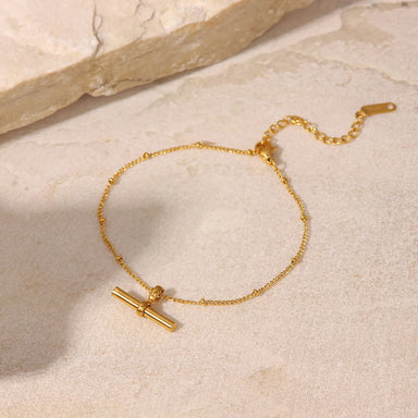 J&D Alluring Stainless Steel Women Jewelry Anklet 18K Gold Plated T-bar Pendant Ball Bead Chain Anklet