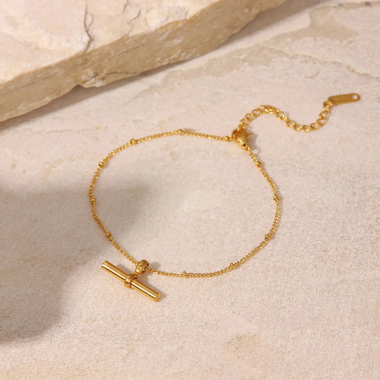 J&D Alluring Stainless Steel Women Jewelry Anklet 18K Gold Plated T-bar Pendant Ball Bead Chain Anklet