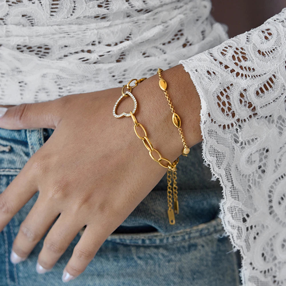 J&D Classic 18K Gold Plated Stainless Steel Bracelet Heart Rhinestone Link Chain Bracelet Jewelry