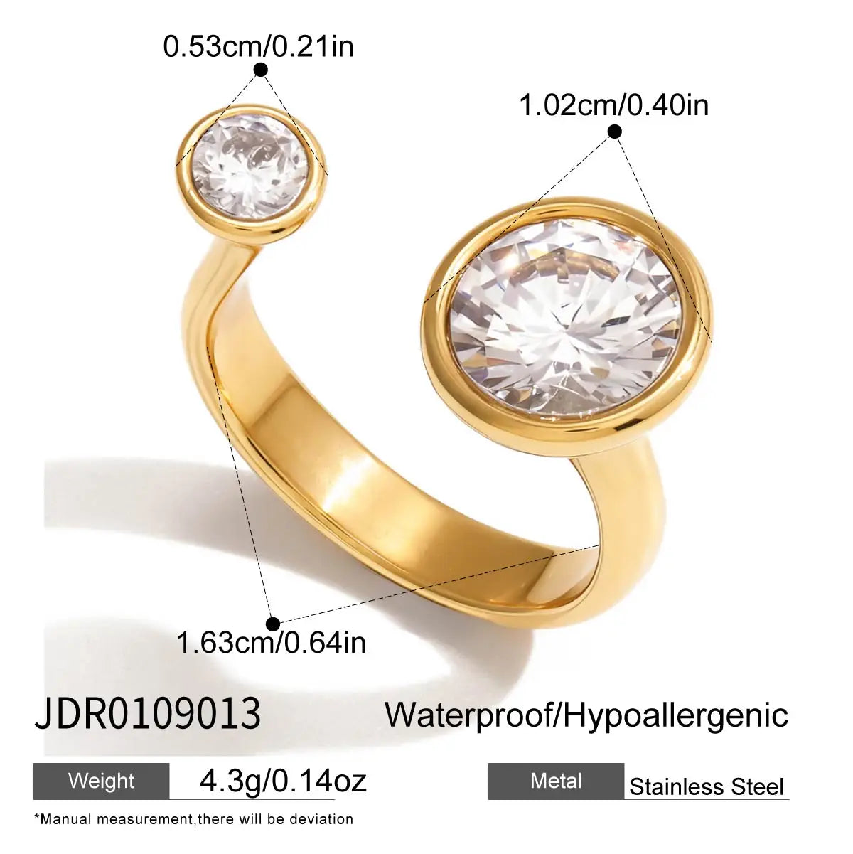 J&D 18k Gold Stainless Steel Linear Open Ring with White Zircon for Women