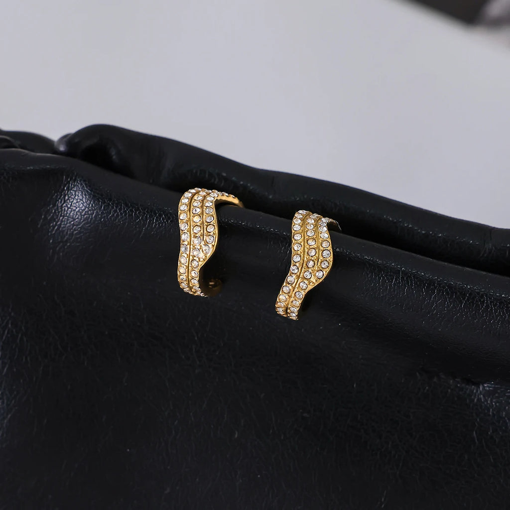Three-layer White Rhinestone Wave Ear Clips