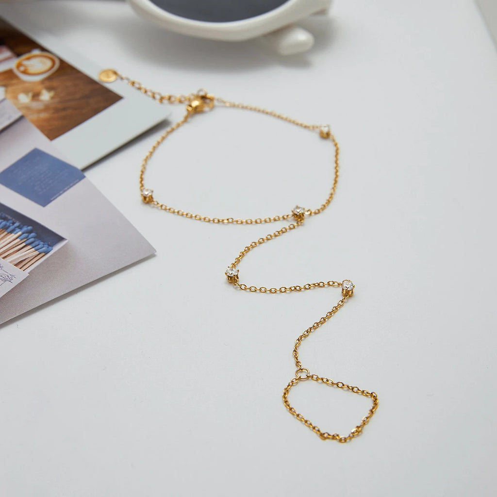 J&D 18K Gold Plated Stainless Steel Bracelets Holiday Jewelry White Zircon Hand Chain Finger Bracelet