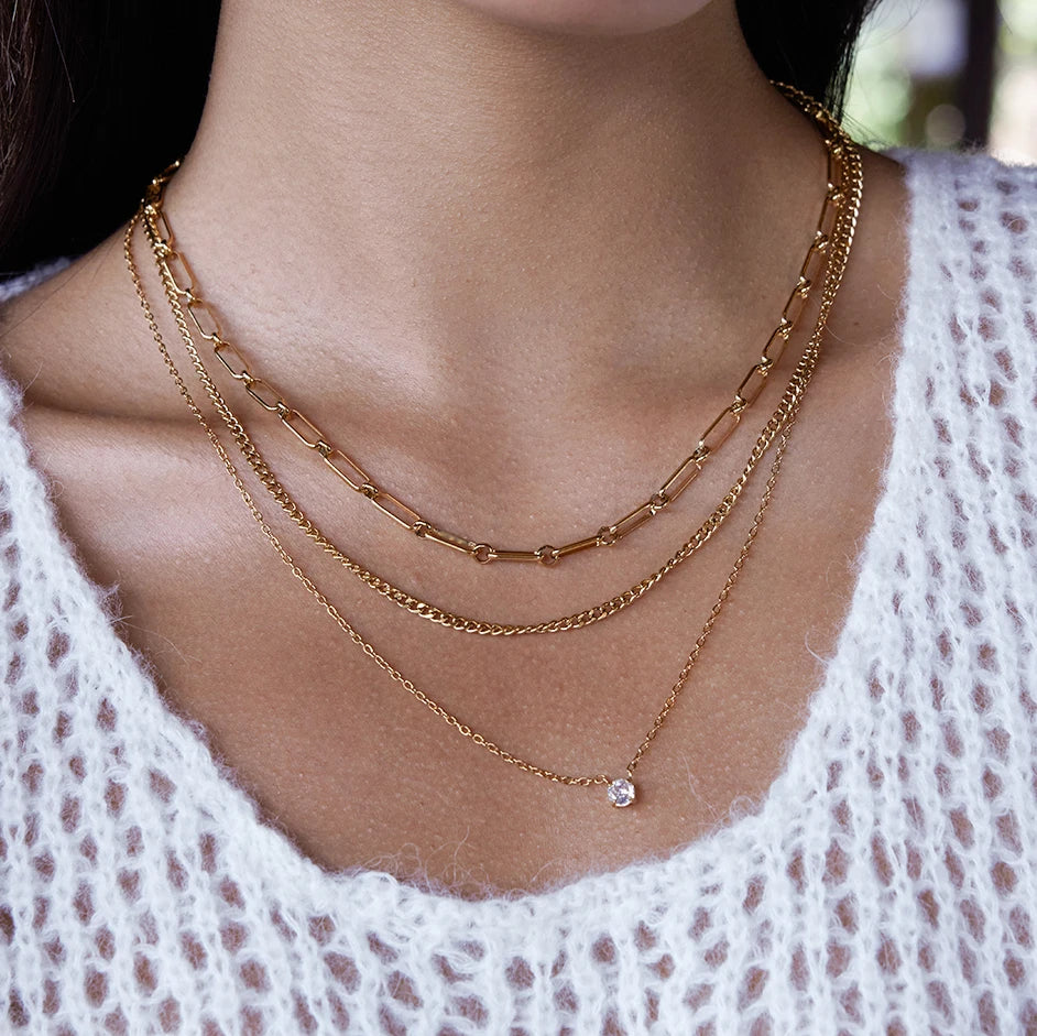 Three Layers Cuban Paper Clip O Shape Chain Necklace