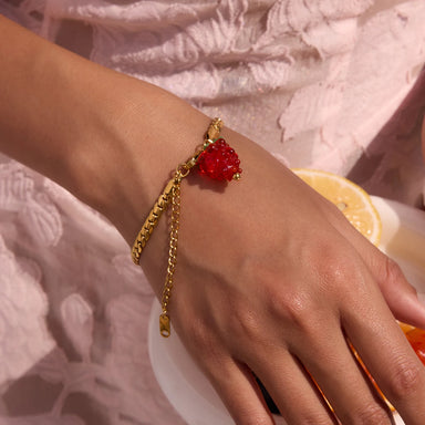 J&D Women's Bracelet Sweet and Cool Style 18K Gold Stainless Steel Encrypted Flat Chain With Red Glass Grape Bracelet