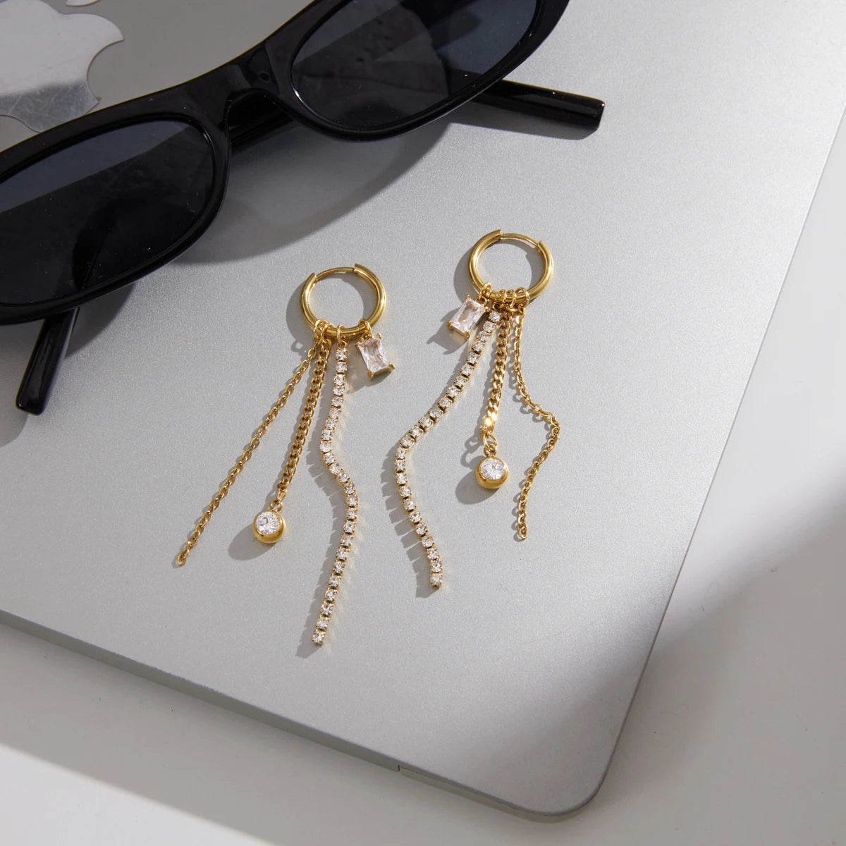 J&D Jewelry 18K Gold Plated Stainless Steel Square Zirconia Tassel Earrings for Women White Rhinestone Chain Dangle Jewelry
