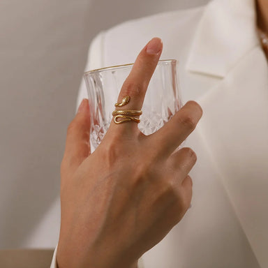 Classic Texture Snake Design Layer 18K Gold Plated Stainless Steel Opening Rings Fashion Jewelry