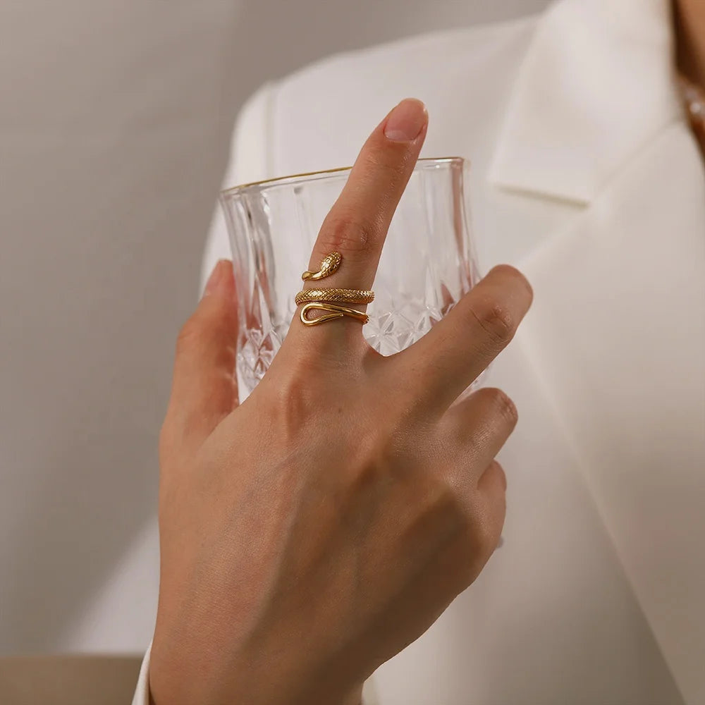 Classic Texture Snake Design Layer 18K Gold Plated Stainless Steel Opening Rings Fashion Jewelry