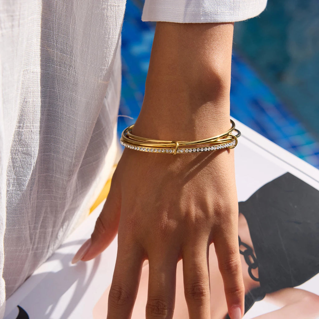 J&D Minimalist Multi Layers Bangle 18K Gold Plated Stainless Steel Trendy Classic Line 3 Layers 65mm Rhinestone Bangle