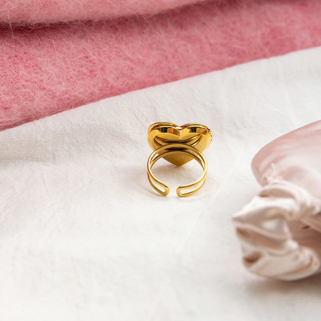 J&D 18K Gold Plate Stainless Steel Rings Heart Enamel Dried Flower DIY Photo Frame Adjustable Open Ring