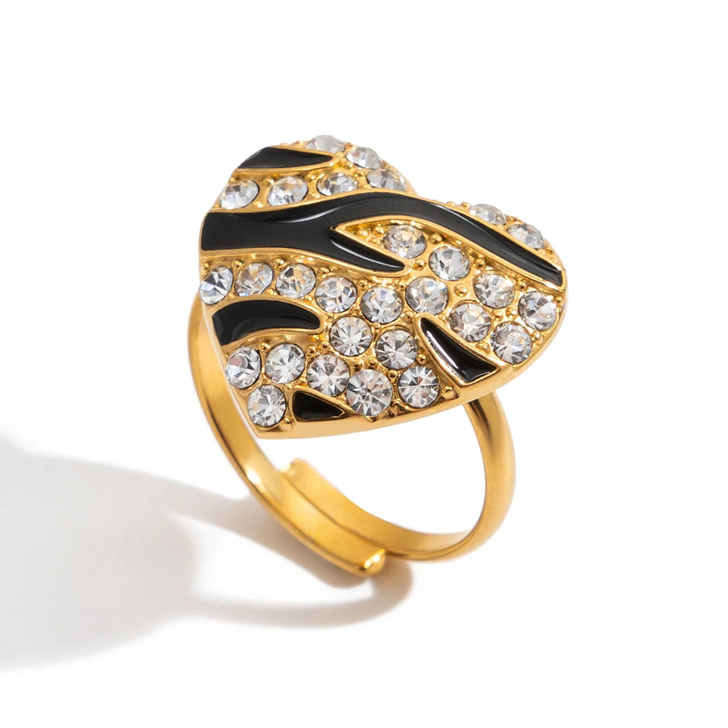 J&D Designer 18K Gold Stainless Steel Rhinestone Black Oil Drop White Rhinestone Heart Open Rings