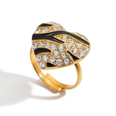 J&D Designer 18K Gold Stainless Steel Rhinestone Black Oil Drop White Rhinestone Heart Open Rings