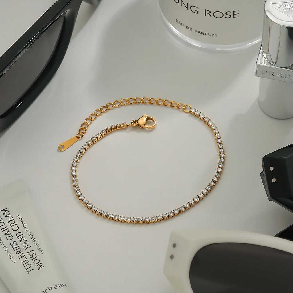 J&D Luxury 18K Gold Stainless Steel Tennis Chain 2MM Zircon Stone Bracelet Stylish Sports Casual Fashion Charm