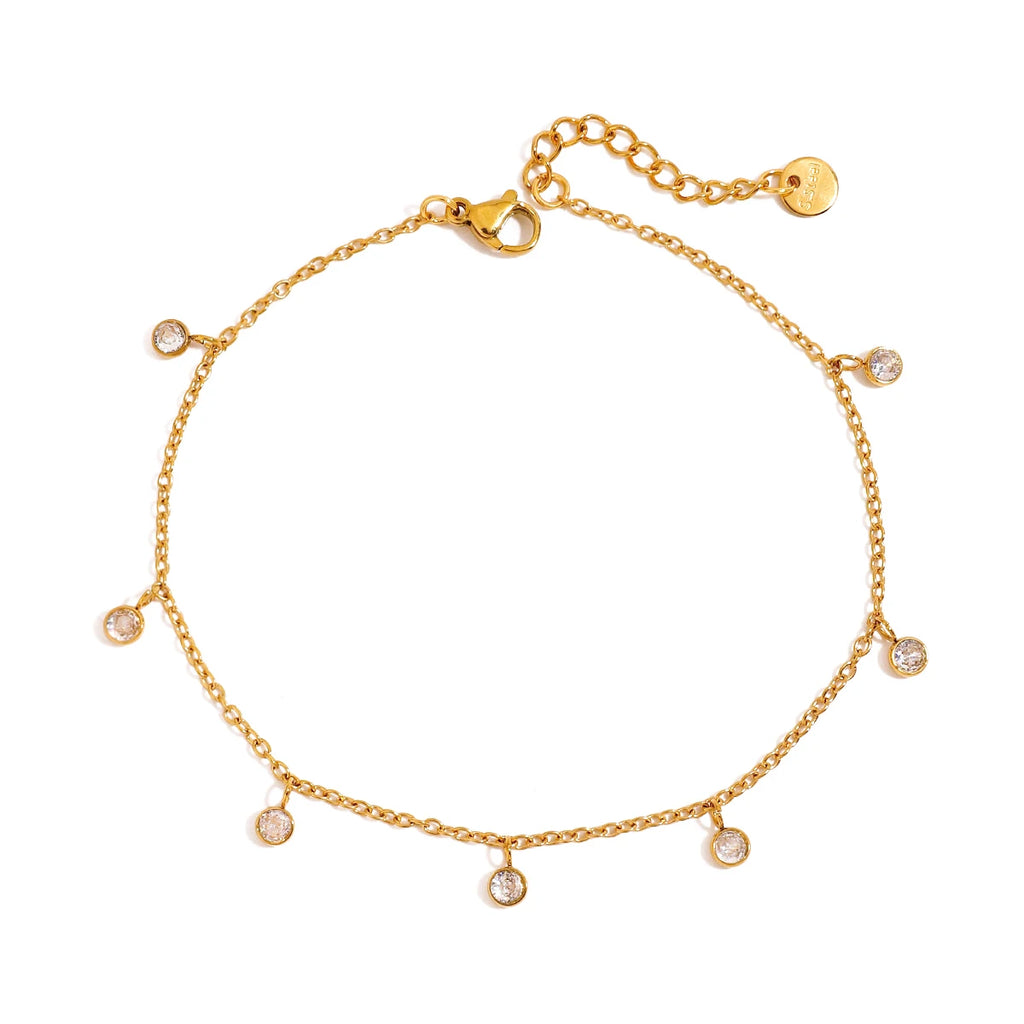 J&D Women's 18K Gold Plated Stainless Steel Anklet Round CZ Stone Waterproof Spring Summer Jewelry Gift