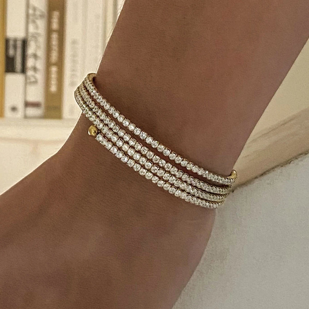 J&D 18k Gold Stainless Steel White Zircon Full Zircon Triple Layer Bracelet Luxurious Style Party Wearing