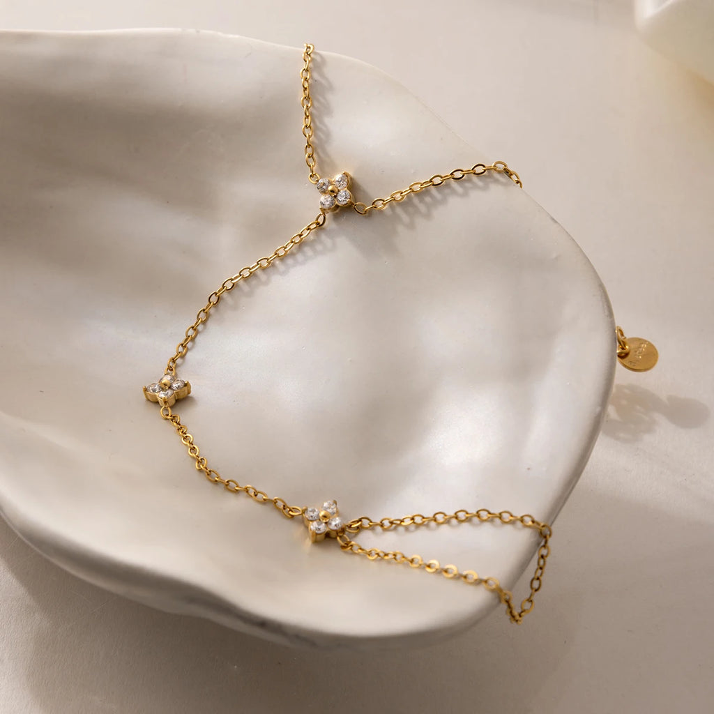 J&D Classic Lucky Leaf Zircon Hand Bracelet 18K Gold Stainless Steel Fashion Zircon Four Leaf  Double Layer Bracelet