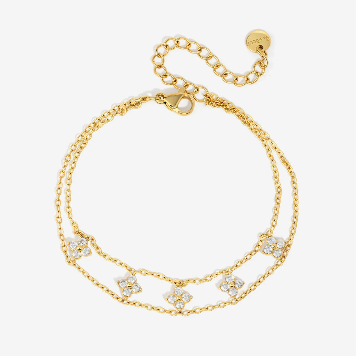 J&D Classic Lucky Leaf Zircon Hand Bracelet 18K Gold Stainless Steel Fashion Zircon Four Leaf  Double Layer Bracelet