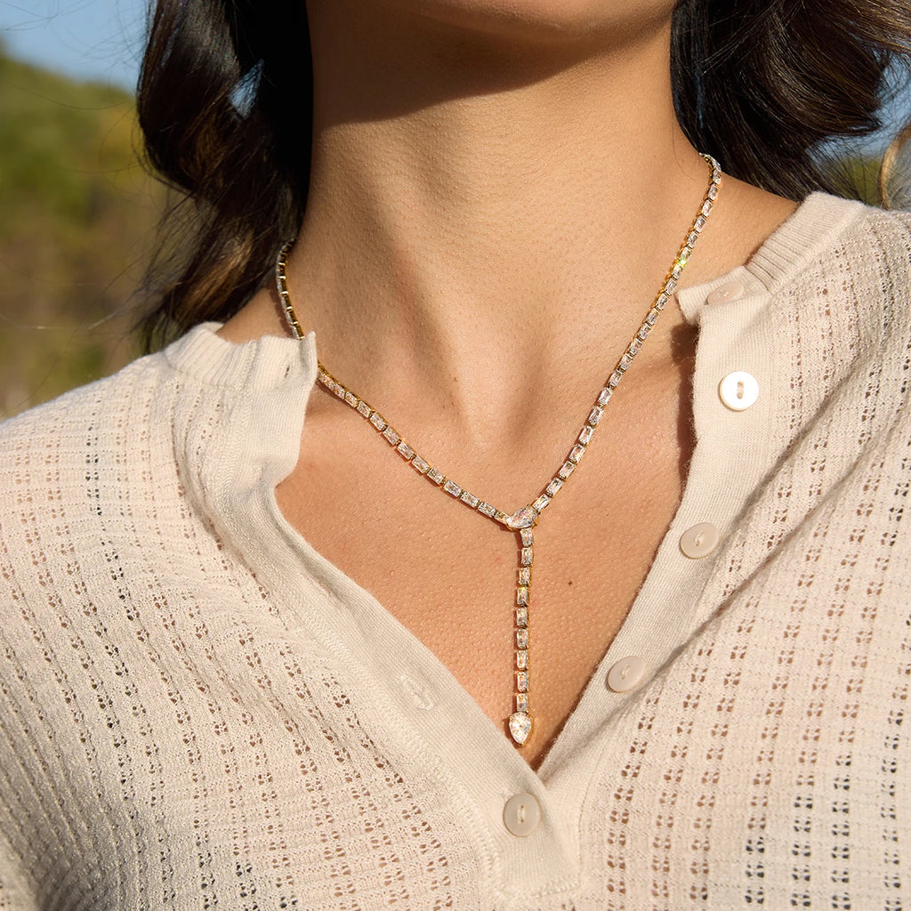 J&D 18K Gold Plate Stainless Steel Necklace Trendy Classic White Zircon Y Chain Snake Pendant Necklace