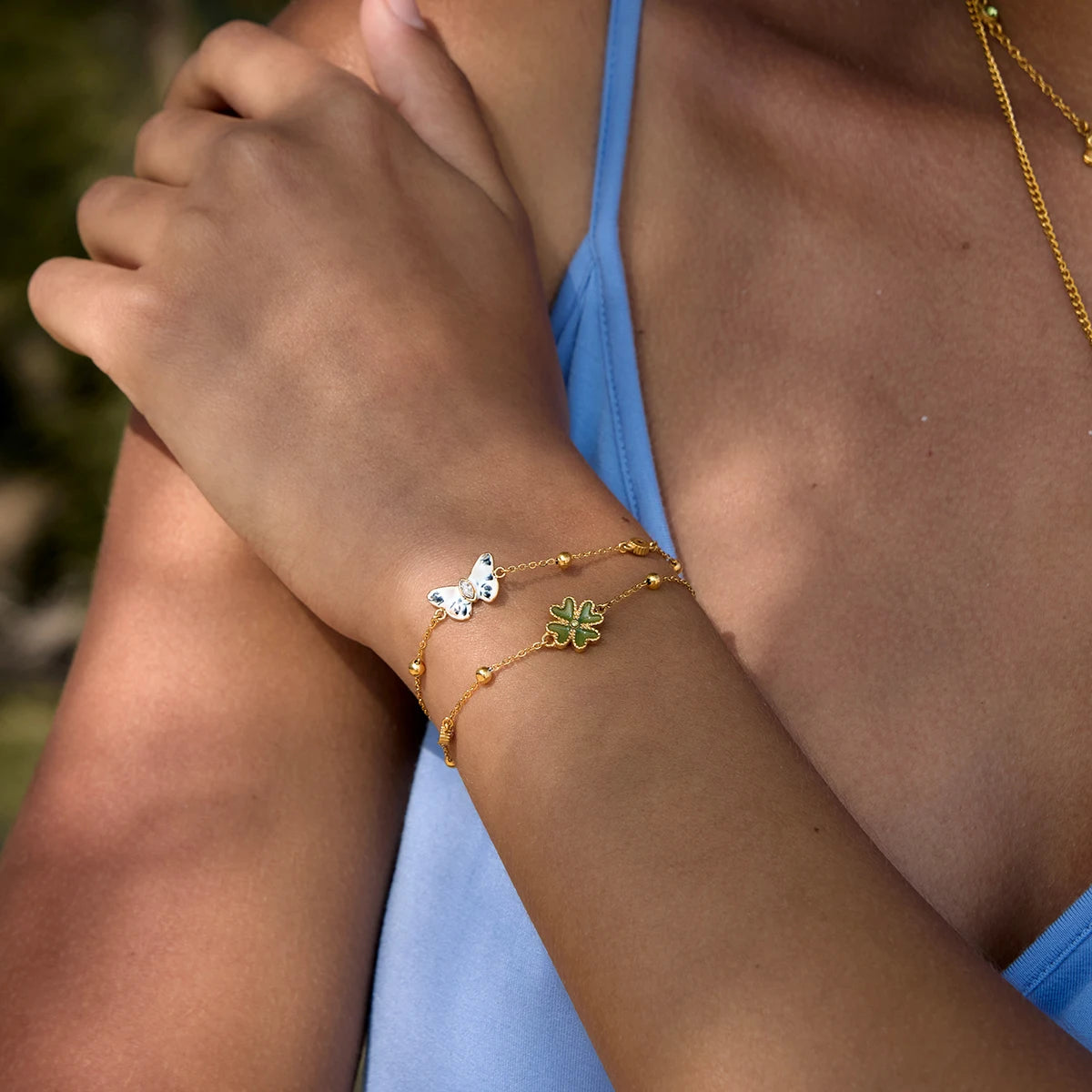 J&D Jewelry 18K Gold Plated Stainless Steel Enamel Clover Butterfly Double Layer Bracelet with Zircon for Women