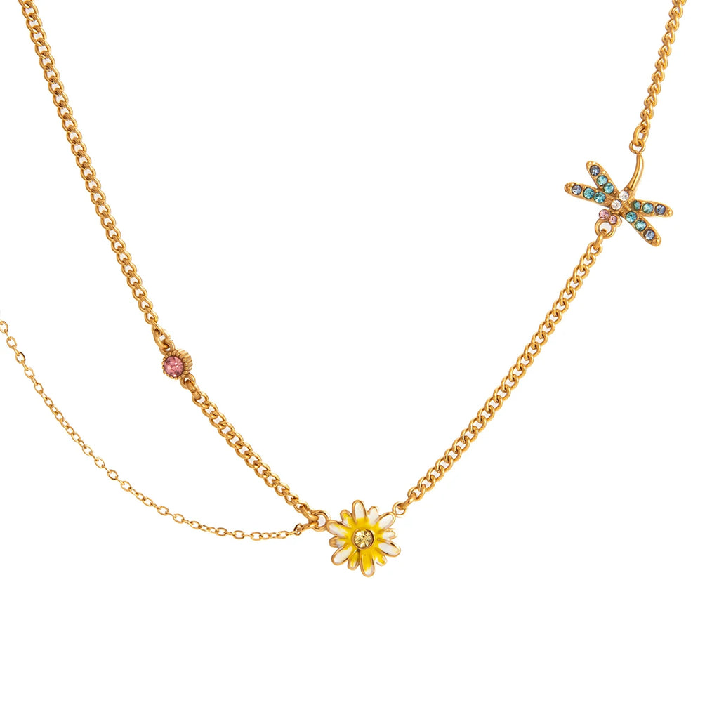 J&D Jewelry 18K Gold Plated Stainless Steel Yellow Enamel Daisy and Blue Rhinestone Dragonfly Station Necklace for Women