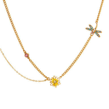 J&D Jewelry 18K Gold Plated Stainless Steel Yellow Enamel Daisy and Blue Rhinestone Dragonfly Station Necklace for Women