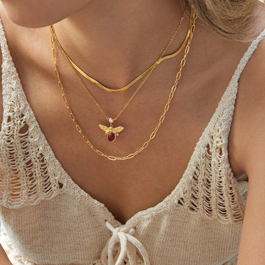 Red Agate Bee White Zircon Three-Layer Necklace