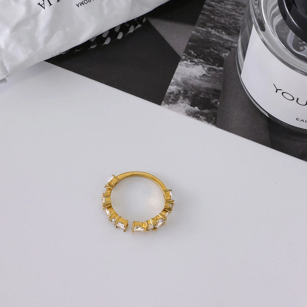 J&D 18K Gold Plated Stainless Steel Adjustable Irregular Zircon Opening Ring Personality Jewelry