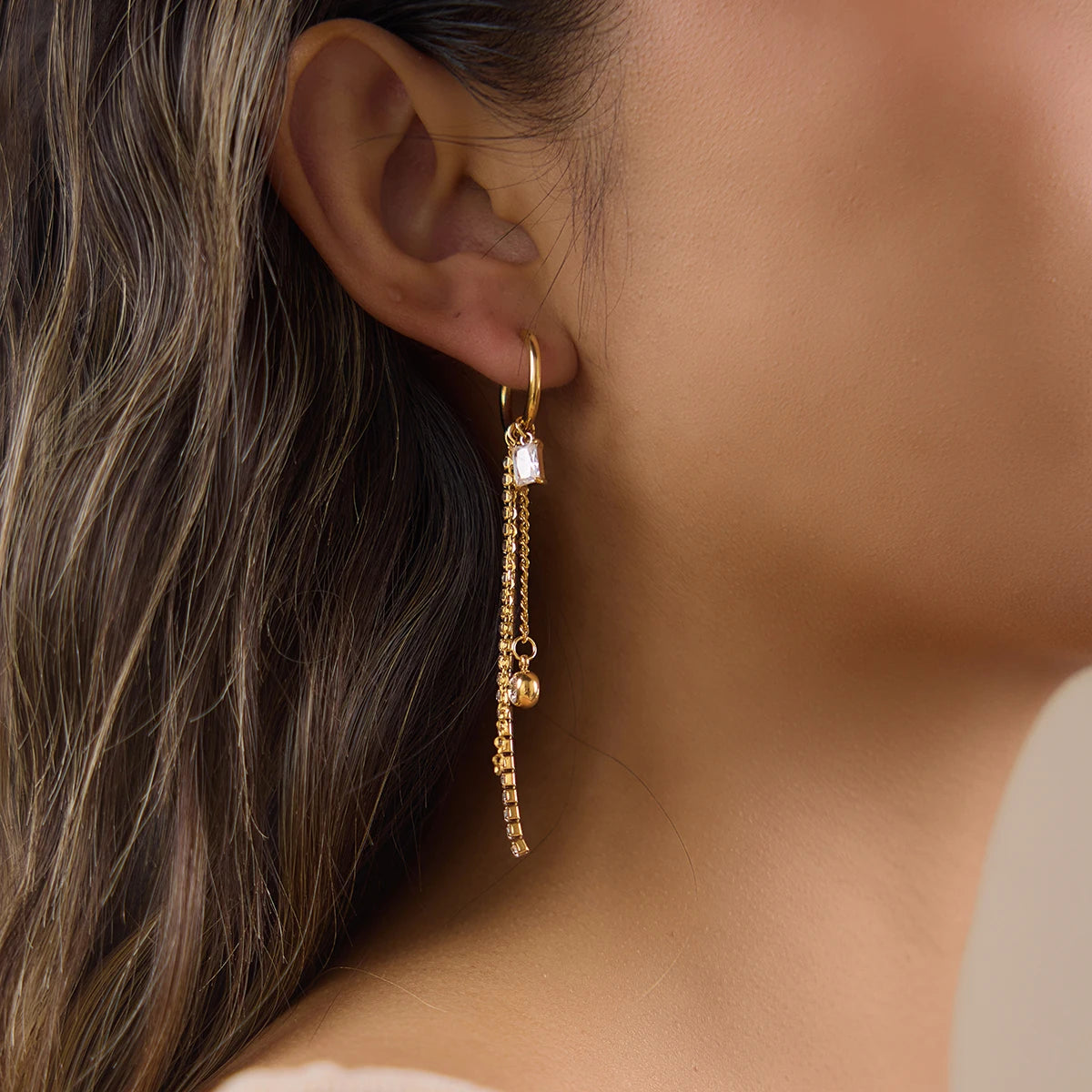 J&D Jewelry 18K Gold Plated Stainless Steel Square Zirconia Tassel Earrings for Women White Rhinestone Chain Dangle Jewelry